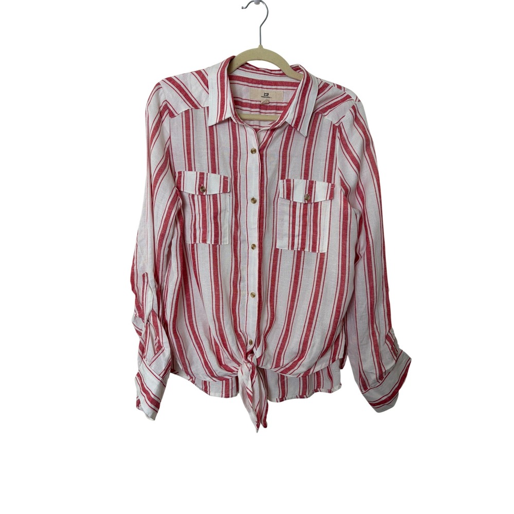 Thread & Supply Red White Striped Linen Blend Tie Front Button Down Shirt Large
